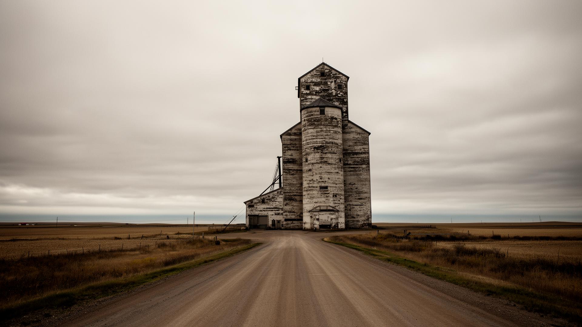 A weathered prairie grain elevator standing alone under an overcast Saskatchewan sky, a dirt road leading toward it.