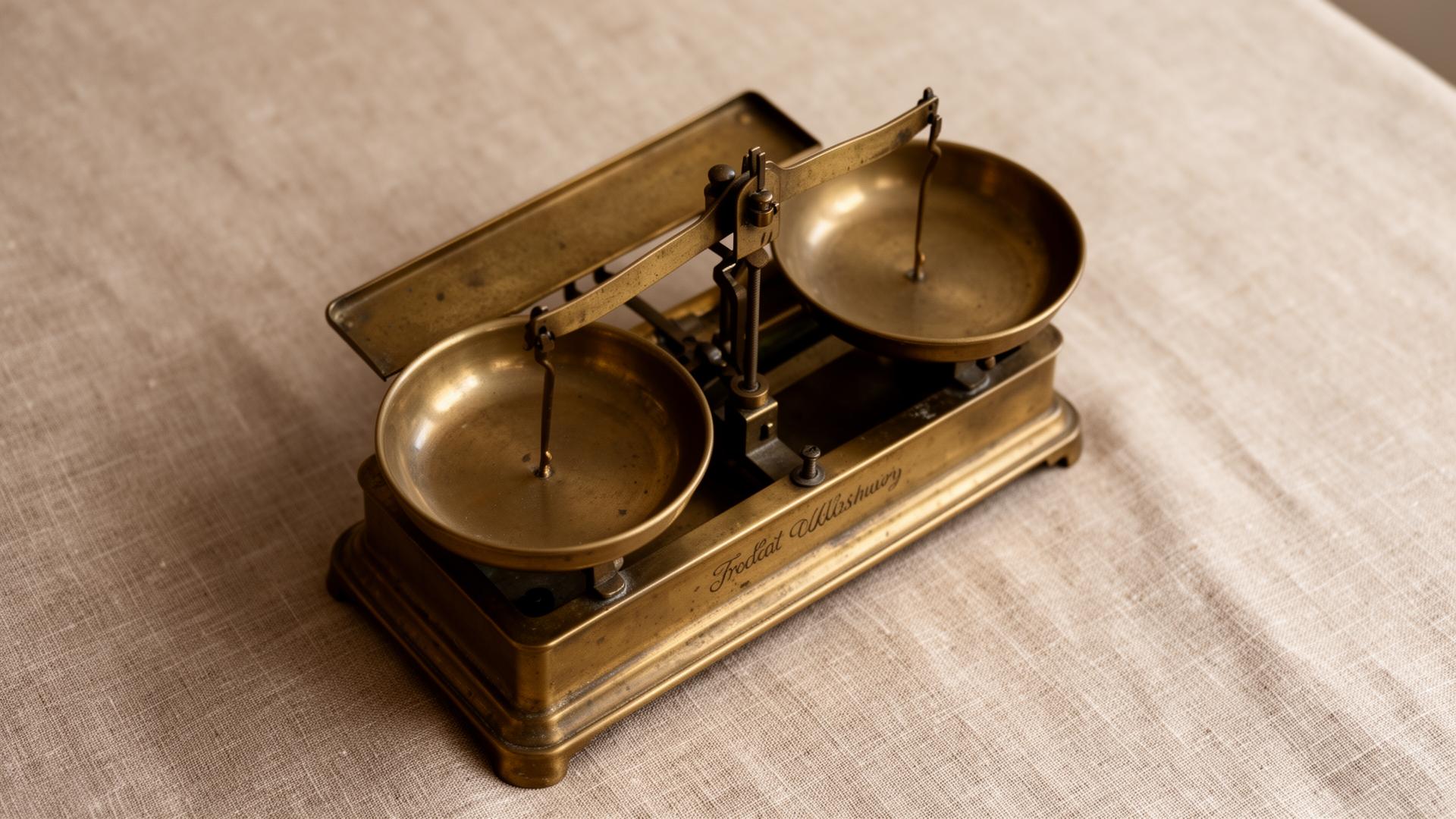 An antique brass balance scale resting on warm linen — a quiet symbol of weighing evidence fairly.